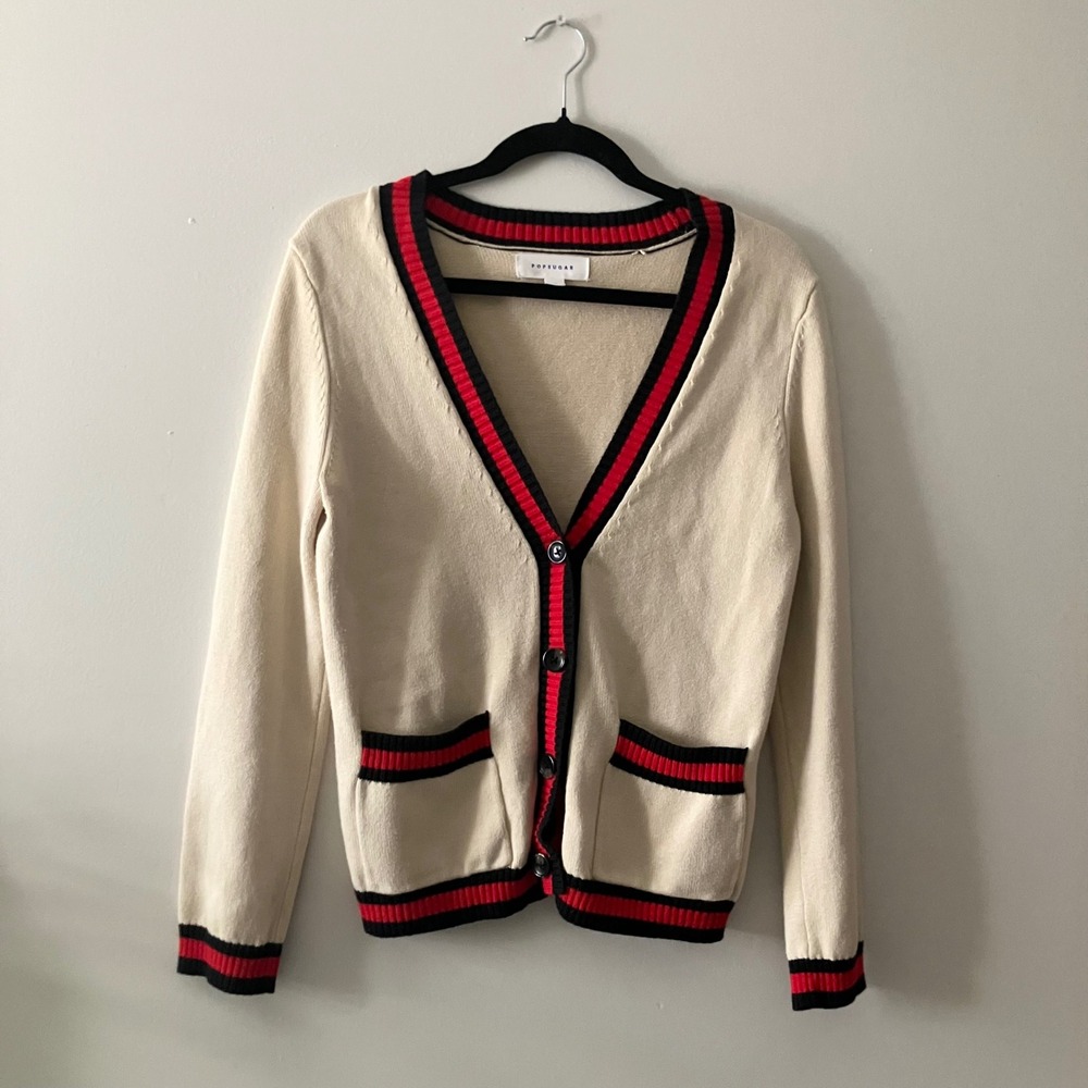POPSUGAR Cream Cardigan with Black & Red Trim